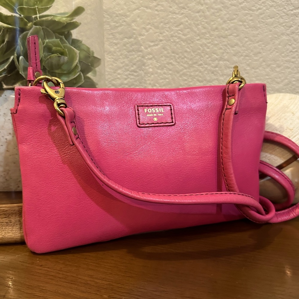 Fossil Pink Leather Crossbody/Shoulder Bag/Convertible Clutch - Picture 1 of 11